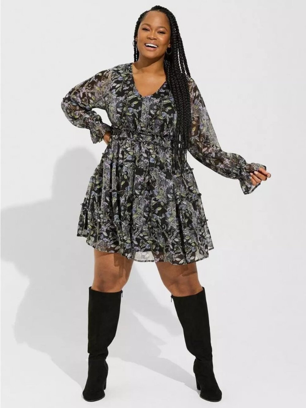 Torrid Mini Lurex Chiffon Tiered Dress — Size 1 (Floral • Black)